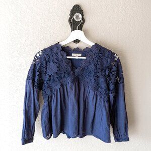 C&V Chelsea & Violet Girl's Top Sz L Navy Blue 100% Cotton Peplum Lace Boho
